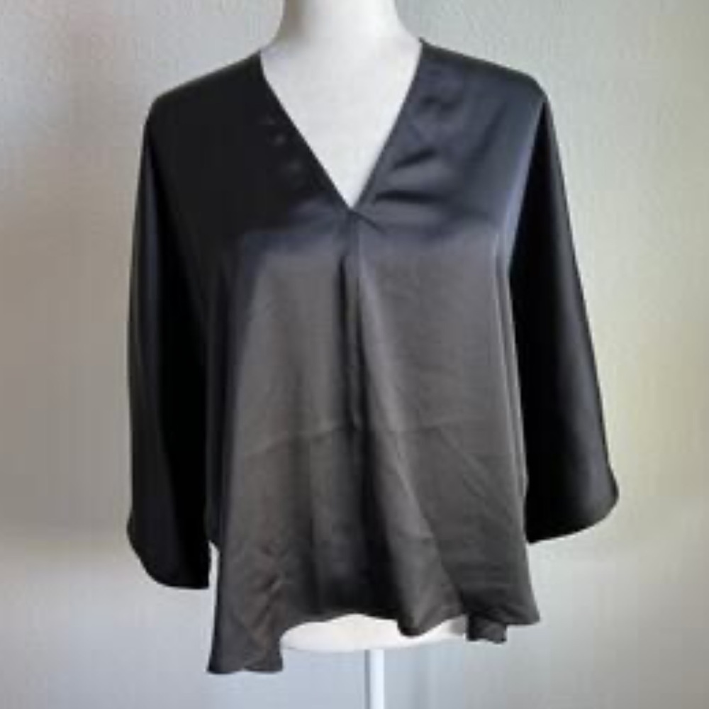 THE RESET ✨ R LABEL Satin mid sleeve length v-neck grey mink Blouse Top | Sz S
